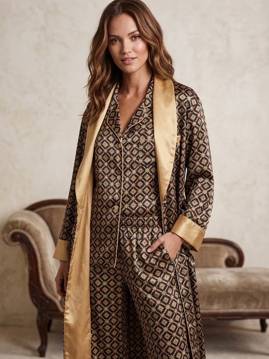 Vintage Victoria's Secret Robe ~ Geometric Gold Black  L  Polyester-Satin Y2K 90’s. ;Deadstock